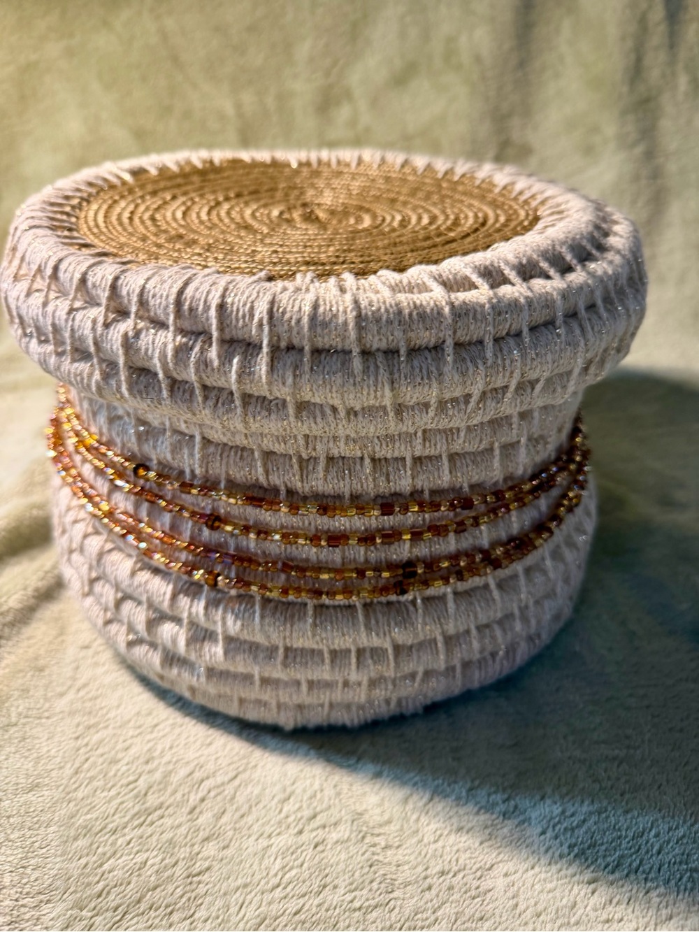 Handmade Art Coiled Basket  with Lid and embellishments of beading and shells - Picture 9 of 15